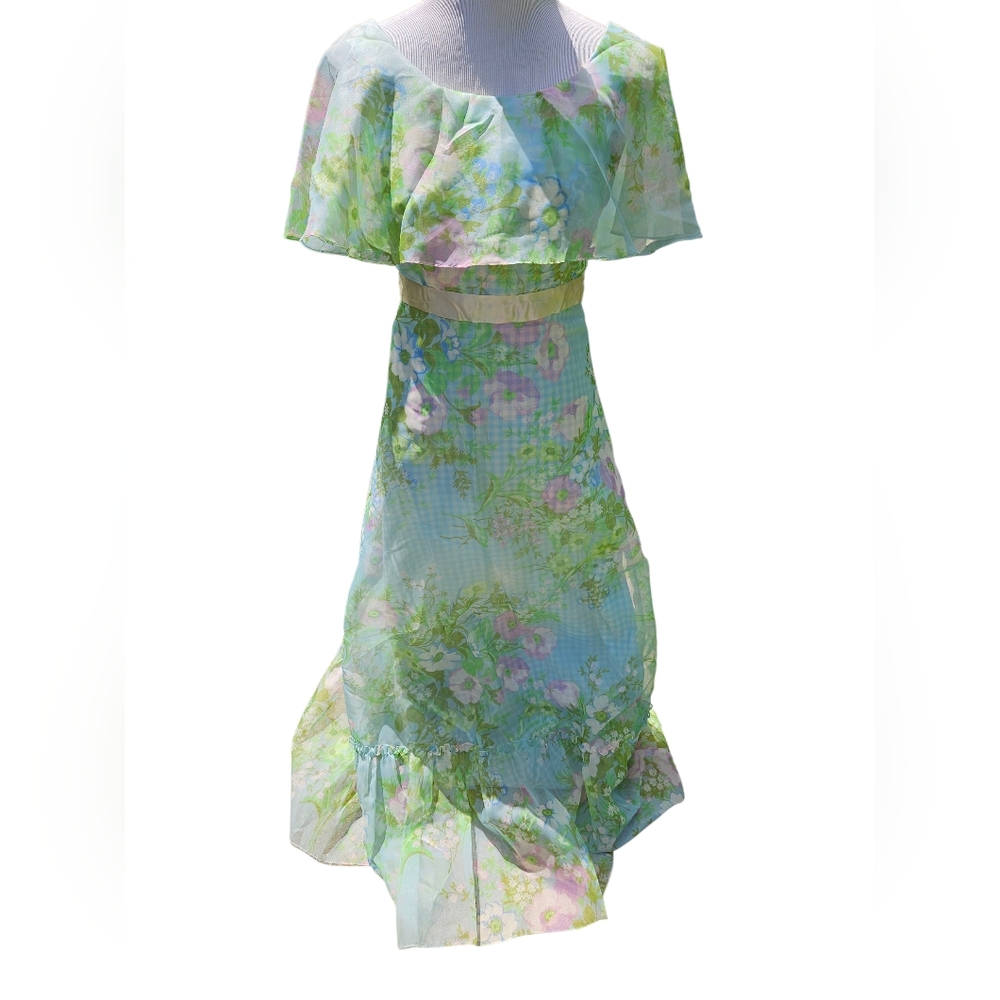 1960s Floral Chiffon Dress in Green and Pink Floral Size XS